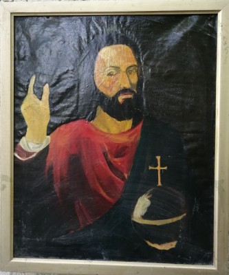 Tablou barbat cu glob, nesemnat. foto