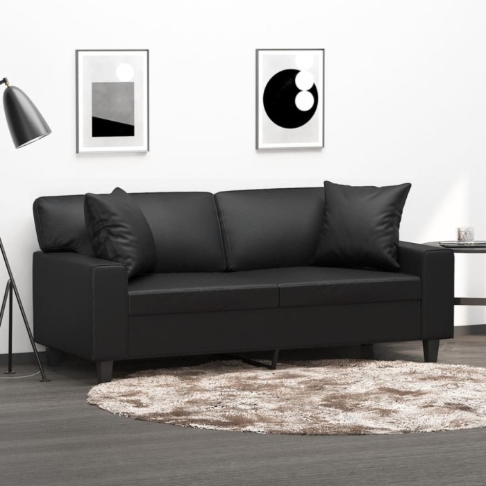 vidaXL Canapea cu 2 locuri cu pernuțe, negru, 140 cm, piele ecologică 3200866
