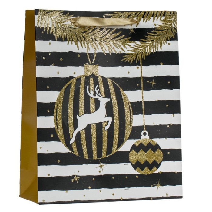 Pungă Cadou Crăciun, Dungi Globuri Cerb, Glitter Auriu, 26x10x32cm, Multicolor