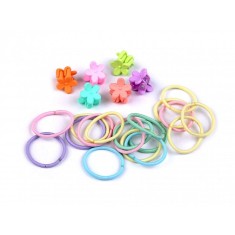 Set accesorii pentru par, 25 elastice + 16 clesti, plastic textil, multicolor