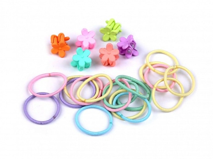 Set accesorii pentru par, 25 elastice + 16 clesti, plastic textil, multicolor