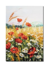 Tablou maci si margarete in camp pictat manual living, dormitor, 60x40cm ulei pe panza in cutit efect 3D, Valentin Pop