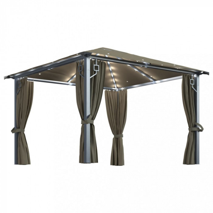 Pavilion cu perdele&amp;siruri lumini LED gri taupe 3x3 m aluminiu