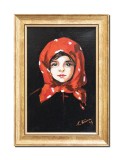 Tablou pictat manual inramat, Fetita cu basma rosie (1) - 35x25cm ulei panza, reproducere Nicolae Grigorescu