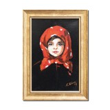 Tablou pictat manual inramat, Fetita cu basma rosie (1) - 35x25cm ulei panza, reproducere Nicolae Grigorescu