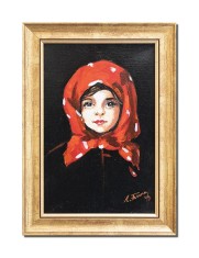 Tablou pictat manual inramat, Fetita cu basma rosie (1) - 35x25cm ulei panza, reproducere Nicolae Grigorescu