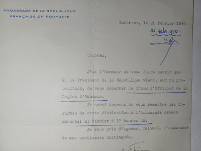 INVITATIE PT. ACORDAREA CRUCII DE OFITER AL LEGIUNII LT.COL. PAUL LEONIDA.1940. foto