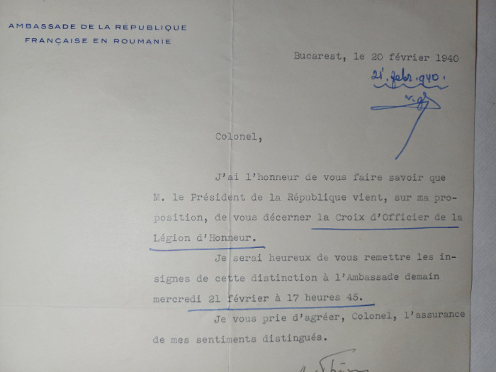 INVITATIE PT. ACORDAREA CRUCII DE OFITER AL LEGIUNII LT.COL. PAUL LEONIDA.1940.