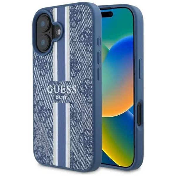 Husa originala Guess iPhone 16 Hardcase 4G Printed Stripes MagSafe, albastru, GUHMP16SP4RPSB