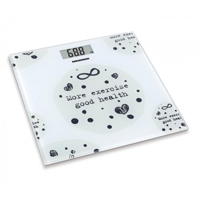 Cantar de baie Heinner, sticla securizata, display LCD, indicator baterie descarcata, maxim 150 kg, Alb/Negru