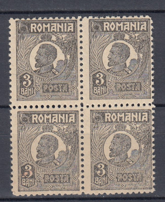 ROMANIA 1919/22 LP 72 REGELE FERDINAND 3 BANI HARTIE CU SCAME BLOC 4 TIMBRE MNH foto