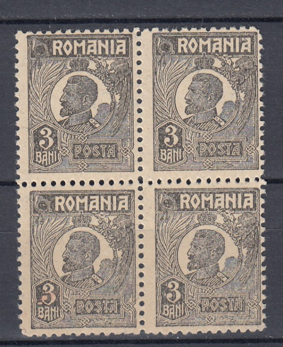 ROMANIA 1919/22 LP 72 REGELE FERDINAND 3 BANI HARTIE CU SCAME BLOC 4 TIMBRE MNH