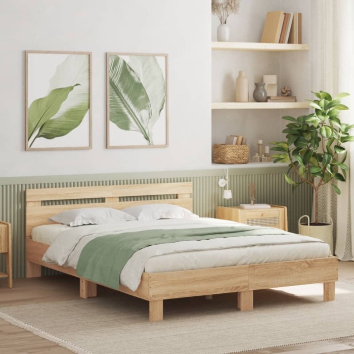 vidaXL Cadru de pat cu tăblie și LED, stejar sonoma, 140x200 cm 3207548