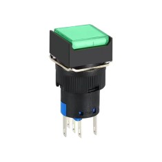 Buton intrerupator push fara mentinere patrat 16mm, plastic, 12V DC, 1NO 1NC, lumina verde FLP16-NJ-6-GREED