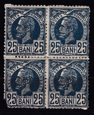ROMANIA 1889 LP 44 f REGELE CAROL I VULTURI FILIGRAN STEMA 25 BANI ALBASTRU BLOC DE 4 TIMBRE GUMA ORIGINALA SARNIERA TIMBRUL STANGA JOS COLT RUPT foto