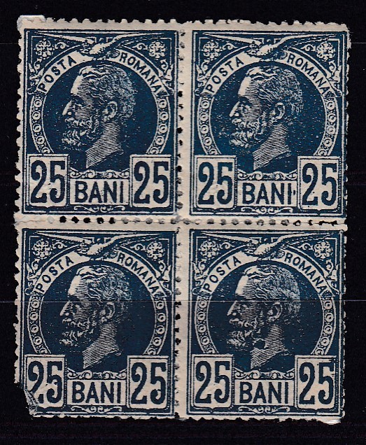 ROMANIA 1889 LP 44 f REGELE CAROL I VULTURI FILIGRAN STEMA 25 BANI ALBASTRU BLOC DE 4 TIMBRE GUMA ORIGINALA SARNIERA TIMBRUL STANGA JOS COLT RUPT