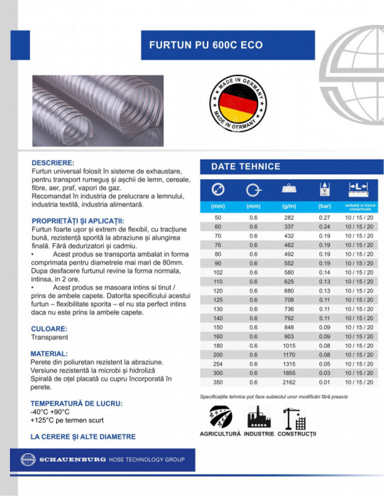 Furtun pentru Exhaustare PU600C, aer, praf, vapori de gaz, Made In Germany,110mm