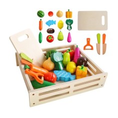 Set de taiat fructe si legume pentru copii,17 piese,2 cutite,1 tocator,1 peeler,cutie lemn - Multicolor