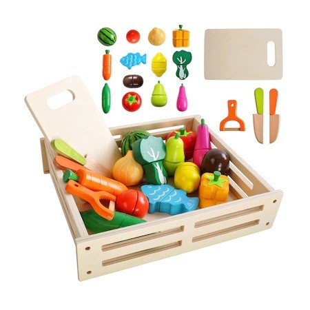 Set de taiat fructe si legume pentru copii,17 piese,2 cutite,1 tocator,1 peeler,cutie lemn - Multicolor