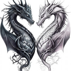 Sticker decorativ, Cuplu Dragon, Negru-Alb, 70 cm, 8151ST-3