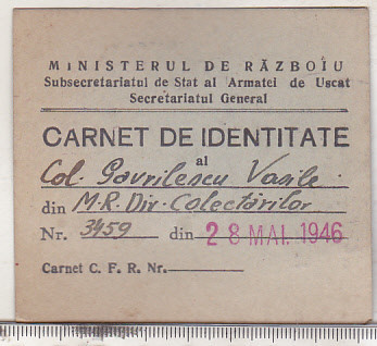 bnk div Carnet de identitate Ministerul de razboi 1946 foto