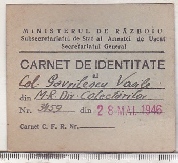 bnk div Carnet de identitate Ministerul de razboi 1946