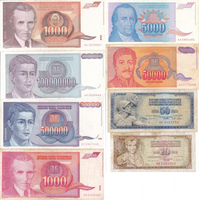 IUGOSLAVIA lot 8 bancnote diferite VF/VF+++!!! foto