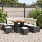 Set de sofa de gradina Gossi cu 8 piese cu perne negru poliratan acacia, sofa de gradina cu 2 locuri Gossi cu depozitare si perne negru poliratan, set