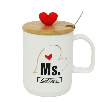 Cana ceramica cu capac din bambus Pufo Ms Believe, pentru cafea sau ceai, 340 ml, alba foto