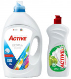 Detergent Universal de rufe lichid Active, 3 litri, 60 spalari + Detergent de vase lichid Active, 0.5 litri, mar