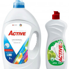 Detergent Universal de rufe lichid Active, 3 litri, 60 spalari + Detergent de vase lichid Active, 0.5 litri, mar
