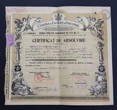 Certificat / Diploma rara 1939 Camera de comert si industrie , scoala comerciala foto