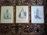 Trei gravuri &quot;moda sec.15/16&quot;, 22x19 cm coala,30x21,5cm cu rama/sticla, Scene gen, Cerneala, Realism