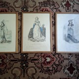 Trei gravuri "moda sec.15/16", 22x19 cm coala,30x21,5cm cu rama/sticla