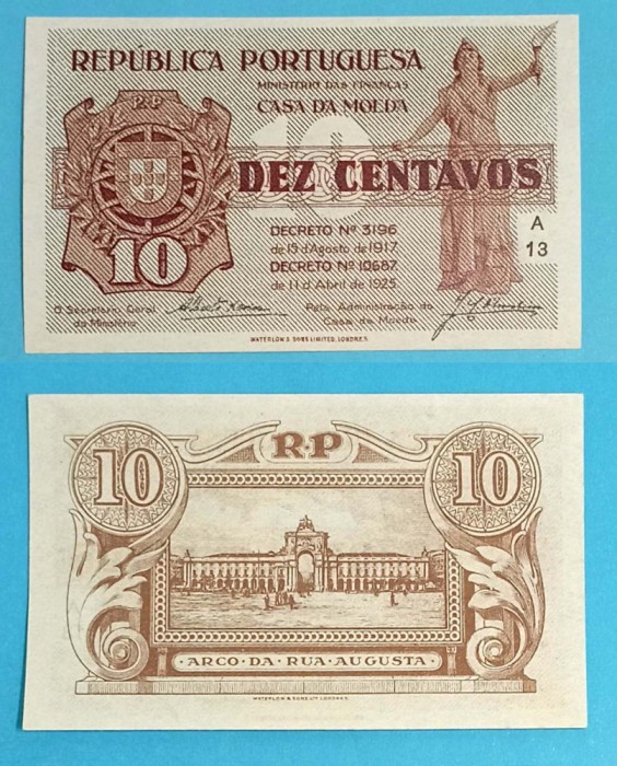 Portugalia (p#101) 10 Centavos 1925 &#039;Prima Republică&#039; UNC serie: A13