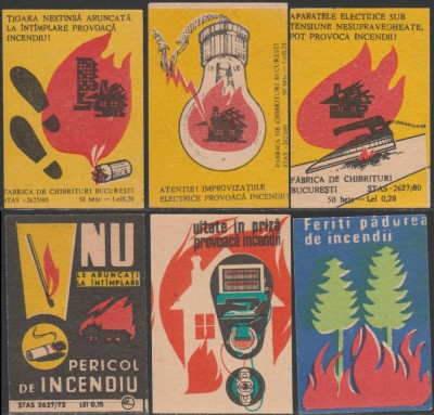 1971-1981 Romania - Set 6 etichete de chibrituri romanesti Pericol de incendii foto