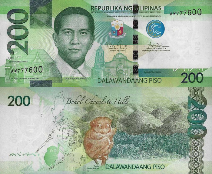 FILIPINE █ bancnota █ 200 Piso █ 2015 █ P-209 █ UNC █ necirculata