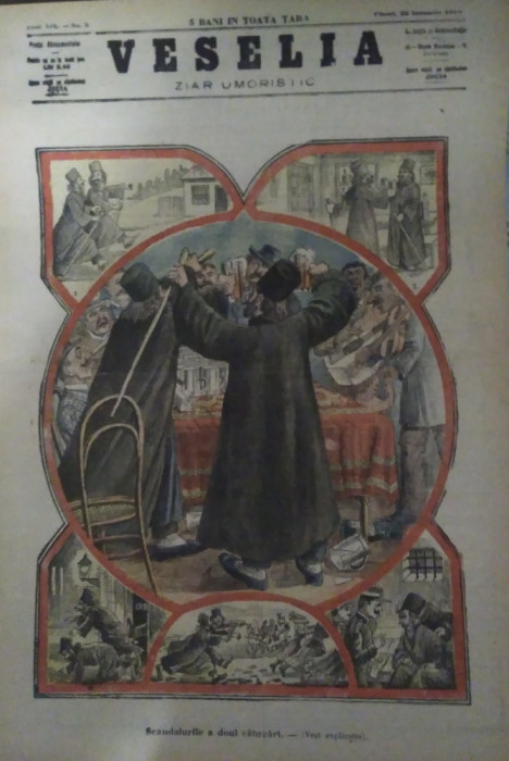 Ziarul Veselia : SCANDALURILE A DOI CĂLUGĂRI - gravură, 1910