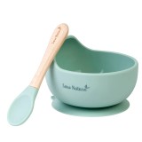 Bol anti-alunecare din silicon alimentar si lingurita, set de 2 piese pentru diversificare, Mint