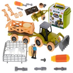 Set Jucarie Ferma Interactiva, pentru Copii, Include Tractor Agricol, Remorca, Surubelnita cu 3 Capete, Fermier, 2 Miei, 2 Baloti de Fan, 4 Garduri, C