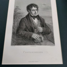 Gravura sec 19, portret Chateaubriand, 1869, C.Staal, ed. Garnier, 15x22cm,