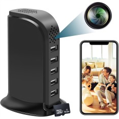Statie Incarcare Camera Ascunsa WiFi, USB Hub 5 Porturi, Mini Camera Spion Full HD 1080P, Detectare Miscare, Vizualizare Live Aplicatie Mobila, Card M