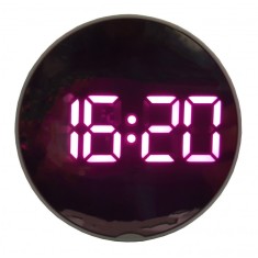 Ceas digital de masa cu led mov,termometru,functie 12/24 h,rotund,oglinda