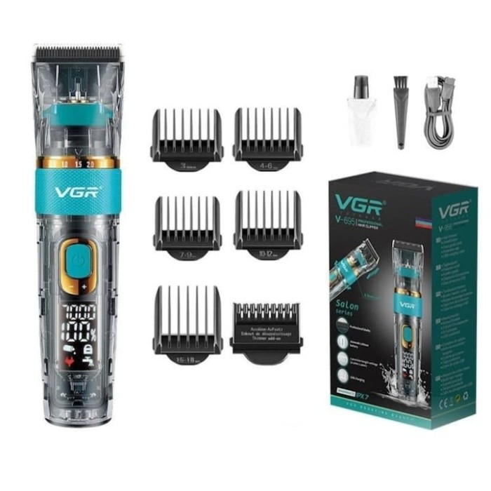 Masina de tuns cu accesorii, din metal si plastic, display LCD, 3 trepte de viteza, cu 6 gratare, perie de curatare si sticluta de ulei, dimensiuni 15