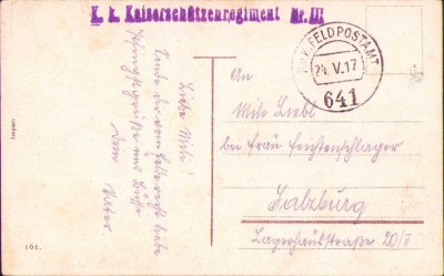HST CP43 Carte postala austro-ungară Feldpostamt 641 + ștampilă regiment 1917 foto
