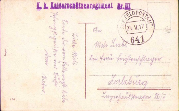 HST CP43 Carte postala austro-ungară Feldpostamt 641 + ștampilă regiment 1917
