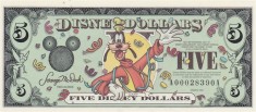 DISNEYLAND █ bancnota █ 5 Disney Dollars █ 2000 █ Goofy █ UNC █ necirculata