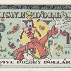 DISNEYLAND █ bancnota █ 5 Disney Dollars █ 2000 █ Goofy █ UNC █ necirculata