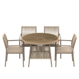 Set mobilier de grădină modern, 5 piese, masă rotundă cu blat din sticlă securizată, 4 scaune cu brațe cu spătar din sfoară, Maro