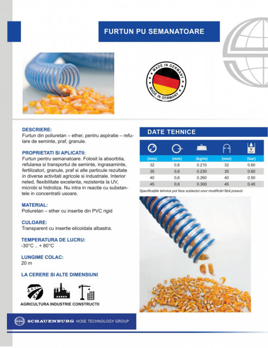 Furtun aspiratie,refulare de seminte, granule, semanatoare,Made in Germany, 32mm